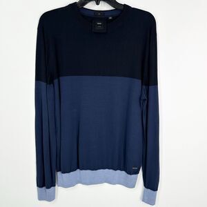 Hugo Boss Silk Sweater Mens Medium Blue Color Block Long Sleeve Tailored EUC